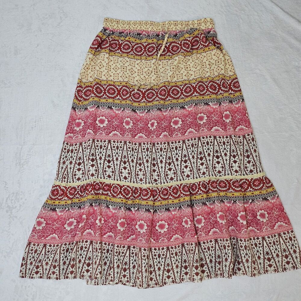 Cynthia Rowley S Stretchy Waist Boho Print Midi Skirt Pink Cream Floral Beads